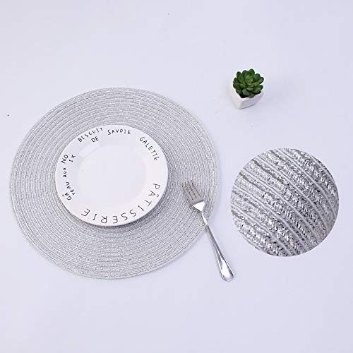 SHACOS Silver Glitter Round Placemats Set of 6 Sparkle Bling Place Mats Glitz Table Mats for Holiday Home Party Wedding Festive Table Decoration (6, Silver)