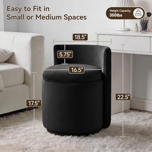 HUBSON Vanity Chair with Storage, Swivel Velvet Chairs with Back, Modern Round Accent Makeup Chair, No Assembly Vanity Stool for Living Room, Bedroom, Dressing, Black