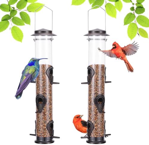 Metal Bird Feeder Tube Hanging Wild Bird Seed Feeder Aluminum Six Port Bird Feeders,1.4 mm Extra Thick Solid Tube Transparent with Steel Hanger Great for Attracting Birds (Coffee 2PK)