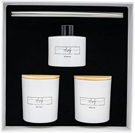 ASALY Luxury Candle & Reed Diffuser Gift Set - 2 Soy Wax Candles (30 Hr Burn) + 1 Reed Diffuser | White Tea, Mon Paris & Rose Oud Scents | Elegant Gift Box | Birthday, Anniversary, Mother's Day