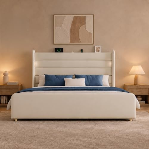 King Size Bed Frame with 59'' Tall Headboard with Readlight, White