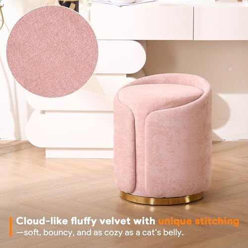 Swivel Vanity Stool with Back Comfy Vanity Chair with Gold Base Modern Round Stool for Makeup Vanity Ottoman Foot Rest for Bedroom livingroom (Pink)