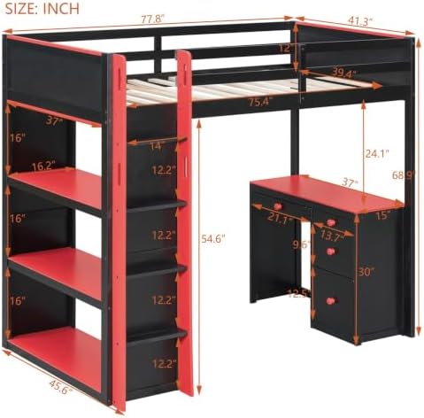 LUMISOL Twin Gaming Loft Bed with Desk and Storage Shelves, Solid Wood Loft Bed with Drawers and Computer Desk for Teens, Space Saving High Loft Bed Frame for Kids Bedroom Red