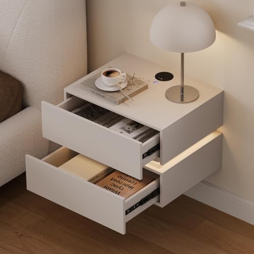 homary Set of 2 Floating Nightstands with LED Light, Wall Mounted Bedside Table with Wireless Charging Station, Smart Night Stand with 2 Drawers Storage, Modern Bedroom Furniture, White