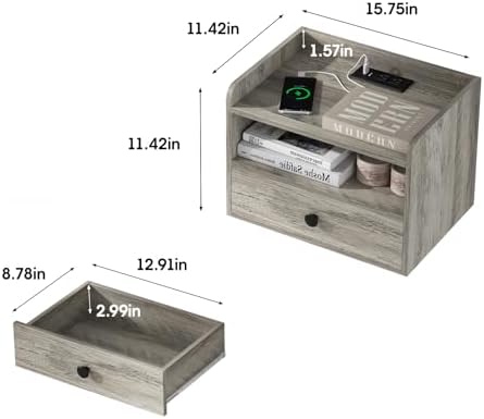 Floating Nightstand Set of 2 Modern Night Stands with Drawer and Open Shelf