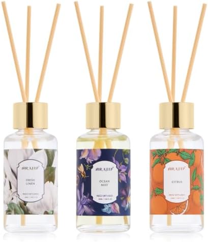 Airkeep Reed Diffuser Set, 3 Pack Fresh Linen Ocean Mist Citrus Fragrance Oils for Home, Long Lasting Aroma with Reed Sticks for Bedroom, Bathroom, Living Room & Office