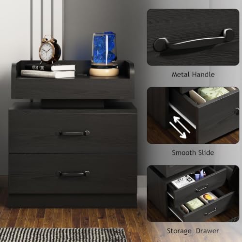 4ever2buy Black Nightstand with Charging Station and LED Lights