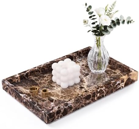 Marble Bathroom Tray for Countertop & Home Decor, Natural Decorative Marble Tray for Jewelry & Perfume Organizer, Luxury Stone Vanity Trays for Dresser, Kitchen Counter, 12" x 8", Brown
