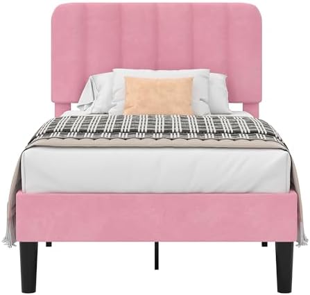 VECELO Twin Size Bed Frame with Upholstered Headboard, Velvet Platform Bedframe Mattress Foundation, Strong Wood Slat Support, No Box Spring Needed,Pink