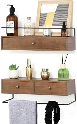 Floating Shelves With Drawers Set of 2, Wall Mounted Storage for Bathroom