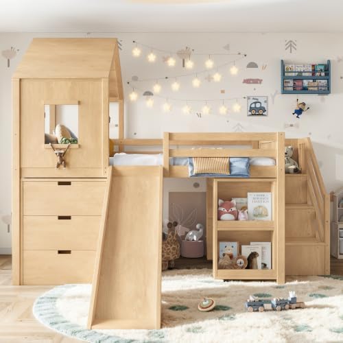 Full Size Playhouse Low Loft Bed with Slide Storage Drawers Stair Shelves Pull Out Desk (Natural, Full)
