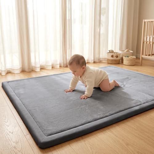 ACOMOPACK Baby Play Mat for Floor 1.3" Thick Memory Foam Play Mat 79"×158" Tummy Time Crawling with Non-slip Bottom for Living Room,Nursery,Soft Velvet Playpen Mats for Kids,Infants（Dark Grey）