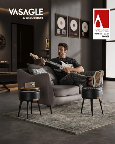 VASAGLE Storage Ottoman, PU Leather Round Seat with Steel Legs