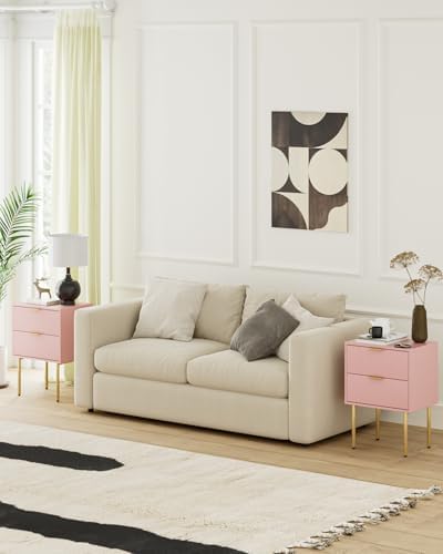 Aienvey Nightstand with 2 Drawers, Pink Stripe Night Stand and Gold Frame