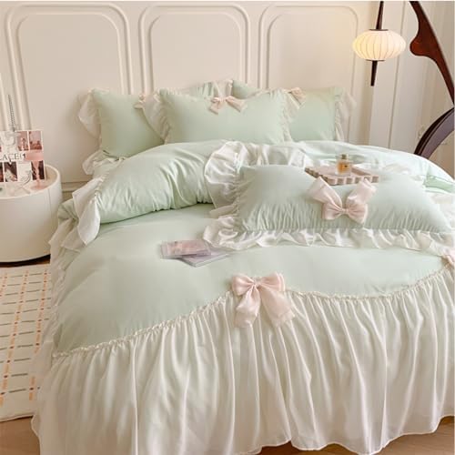 SOUKECHY Girls Lace Bedding, Queen Comforter Cover Set, Chic Ruffled Duvet Cover with Lovely Bow,Princess Style 1 Duvet Cover with 2 Pillowcases, No Comforter-Green,Queen Size