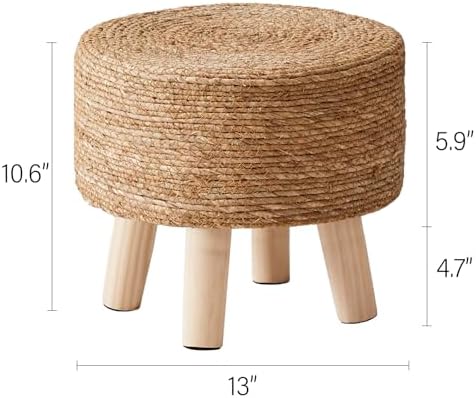 Cpintltr Foot Stool Natural Seagrass Hand Weave Poufs Round Ottoman for Couch Desk Soft Step Stool Padded Foot Rest with Non-Skid Pine Legs for Hallway Office Lounge Natural