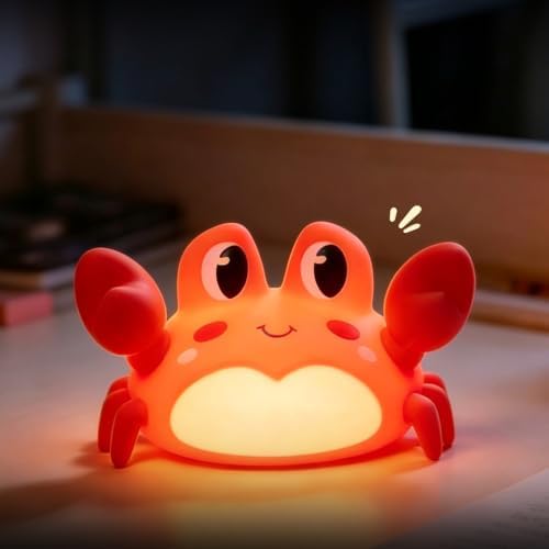 ATSUI Crab Night Light for Kids, Food Grade Silicone, Rechargeable, Tap Fun Kawaii Lamp for Kids Room, Adjustable Brightness, Cute Stuff for Boys Girls, Cute Gifts for Baby Children