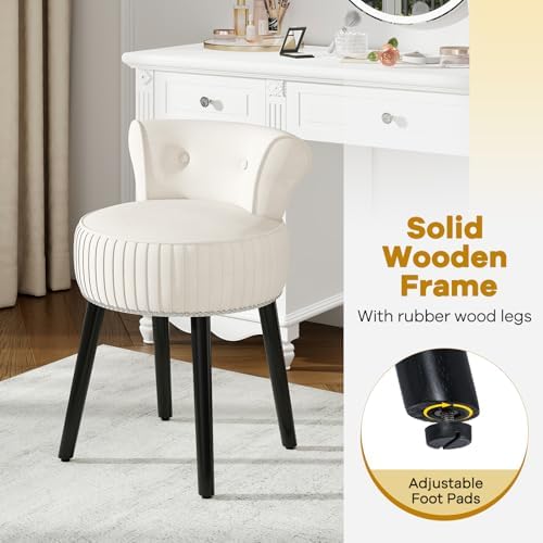 CHARMAID Velvet Vanity Chair for Bedroom, Elegant Accent Chair with Tufted Low Back, Solid Wood Legs, Upholstered Seat, Modern Makeup Stool for Dressing Room, Home Office (Beige & Black)