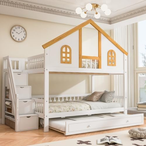 Full Over Full Size House Bunk Bed with Trundle & Storage Stairs