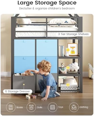 Twin Loft Bed with Desk and Storage for Kids, Metal Low Loft Bed Twin with 9 Drawers, 3-Tier Shelves, Led Lights, Safety Guardrail, No Box Spring Needed,Grey