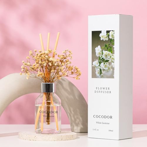 COCODOR Flower Reed Diffuser Set / 3.4oz / White Jasmine/Scent Diffuser with Sticks Home Fragrance Reed Diffuser for Bathroom Shelf Decor