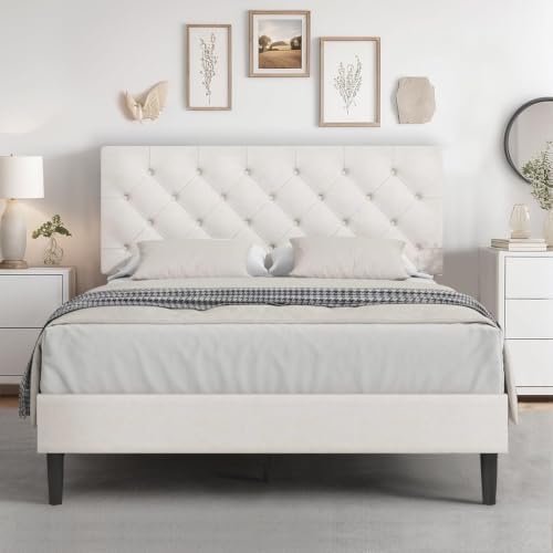 HOMBCK Full Bed Frame with Adjustable Headboard, White