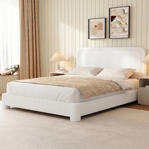WEUP King Size Boucle Bed Frame, Soft Cloud Bed Frame, Upholstered Bed Frame with Headboard, Modern Cream Bed Frame, Soft Rounded Corners, No Box Spring Required, Adjustable Headboard, Easy Assembly