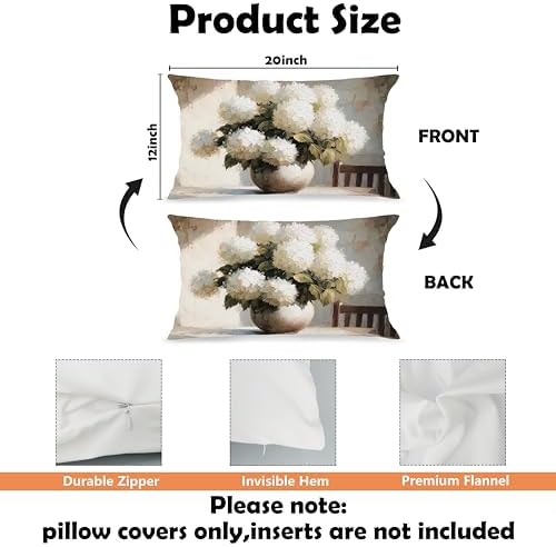 Vintage White Hydrangeas Floral Pillow Cover 12x20, Hydrangea Decor, Cottagecore Neutral Farmhouse White Flower Still Life Decorative Lumbar Pillow Cover for Couch Bed Living Room Bedroom