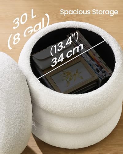 SONGMICS Round Ottoman with Storage, Vanity Stool, Teddy Fleece