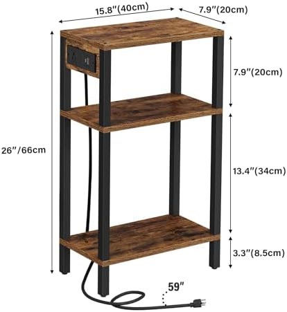 TUTOTAK Narrow Side Table, 3-Tier Small End Table with Charging Station