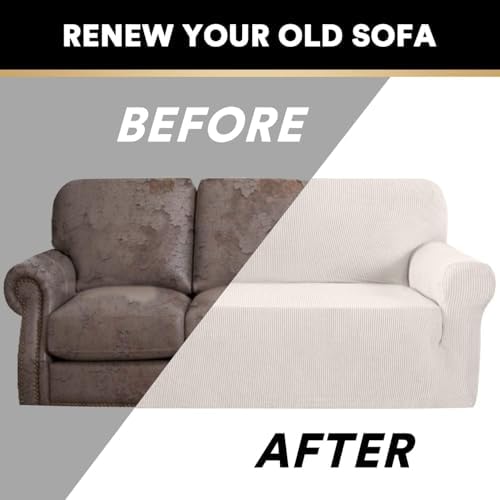 PrinceDeco Stretch Sofa Cover Slipcover Couch Covers for 3 Cushion Couch Furniture Protector Sofa Covers with Non Slip Elastic Bottom Dogs Pet Friendly Fitted(Large Sofa 90"-100",Ivory)
