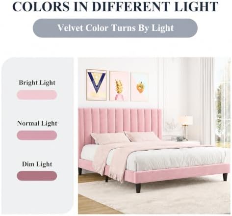 Allewie Queen Bed Frame/Velvet Upholstered Bed Frame with Vertical Channel Tufted Headboard/Strong Wooden Slats/Platform Bed Frame/Mattress Foundation/Box Spring Optional/Easy Assembly/Pink