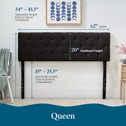 LUCID Mid-Rise Upholstered Headboard, Diamond Tufted, Black, Queen Size