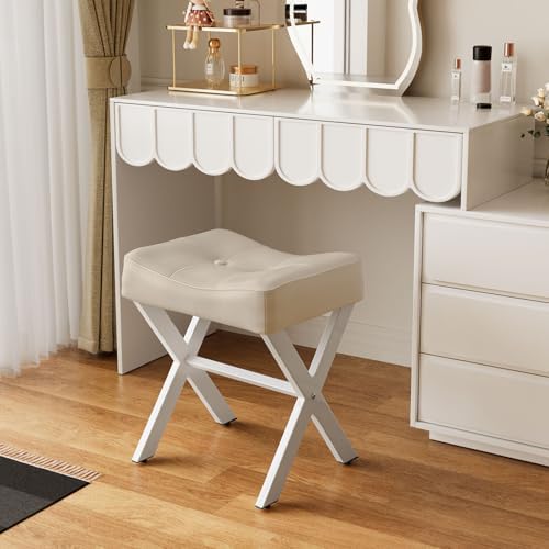 Memobarco 18-Inch Leather Vanity Stool Chair, Beige Makeup Stool