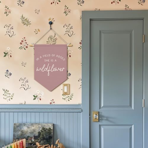 Wheatwin Girl Nursery Decor, in a Field of Roses She Is a Wildflower Wall Hanging Pennant Flag Banner, Wildflower Nursery Wall Decor for Toddler Baby Girls Room Bedroom Playroom 15x11 Inch