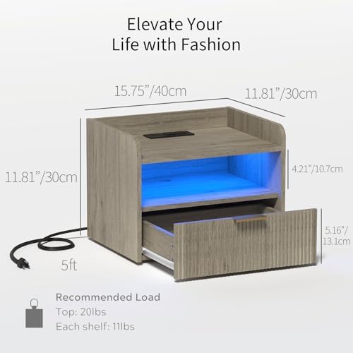 Veegle White Floating Nightstand with Charging Station and LED Lights (Grey)
