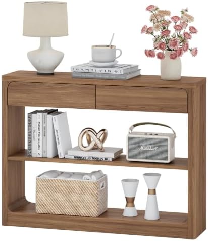 FATORRI Console Table with 2 Drawers, 43.3 Inch Farmhouse Narrow Entryway Table with Storage Shelves, Rustic Sofa Tables Behind the Couch for Hallway, Living Room, Foyer (Walnut)