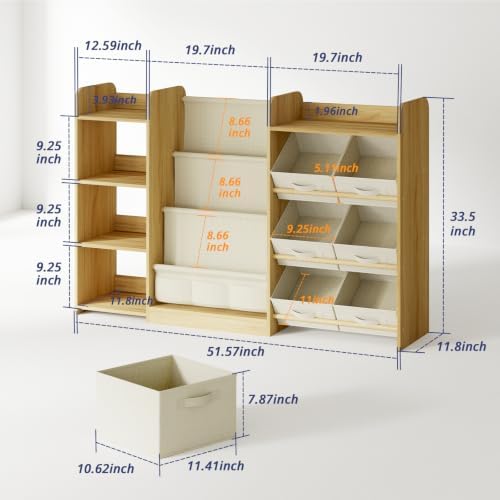Kids Bookshelf and Toy Storage with 7 Removable Bins, 51 inch, Burlywood