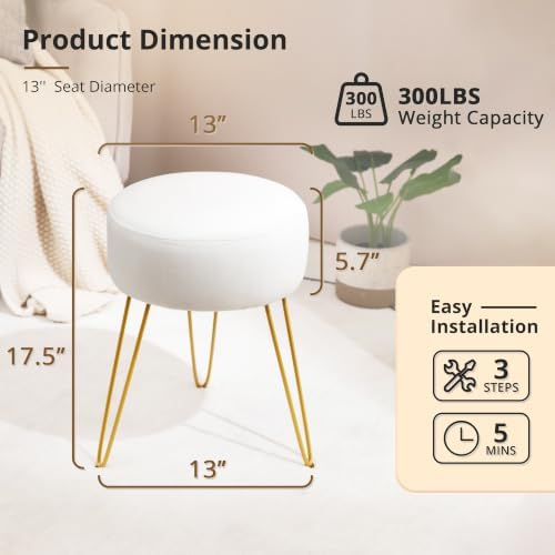 LUE BONA Vanity Stool, White Vanity Stools for Makeup Room, Round Ottoman Foot Stool, Velvet Footrest Vanity Chair for Bathroom Vanity, Bedroom, Living Room, Entryway, Offices