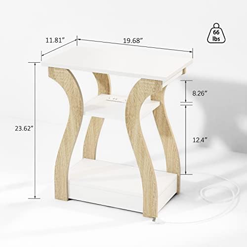 FROMJBEST End Tables Living Room, End Table with Charging Station,White&Oak