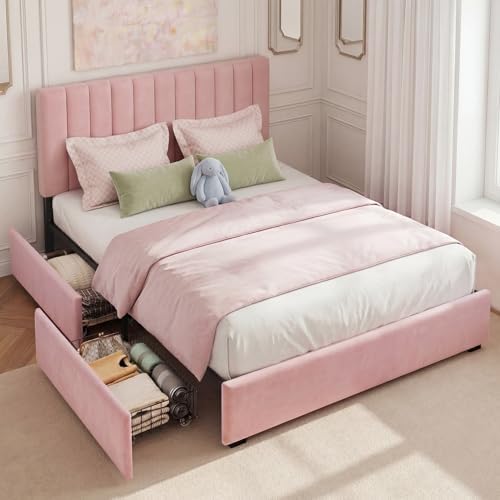 Welzona Full Size Upholstered Bed Frame with Headboard & 2 Drawers, Pink