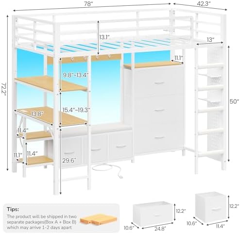 DICTAC Twin Loft Bed with 6 Storage Drawers,Coat Rack and Open Shelves Metal Twin Size Loft Bed with Desk,Charging Station and LED Light,loft beds with Large Pegboard,Stairs and Safety Guardrail,White