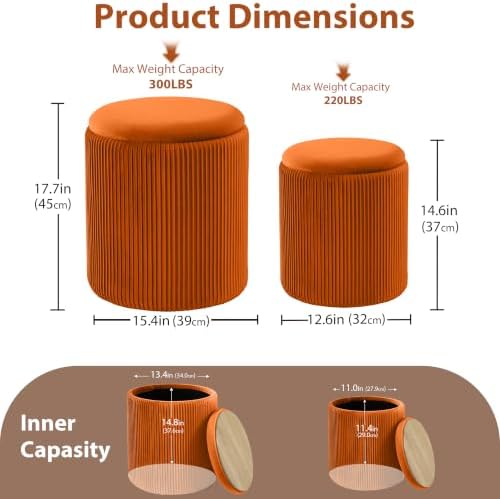Royal Windsor Round Ottoman with Storage Set of 2, Storage Vanity Stool