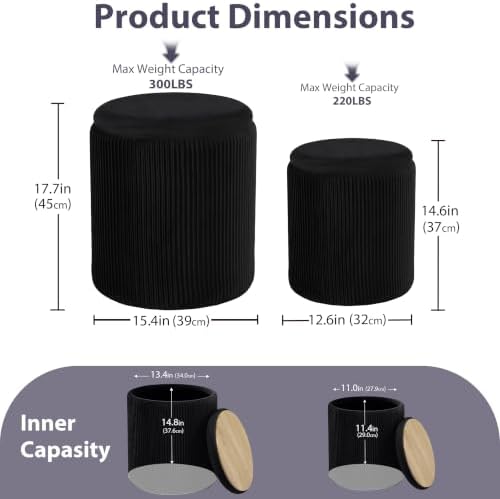 Royal Windsor Round Ottoman with Storage Set of 2, Storage Vanity Stool