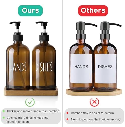 ALELION Amber Dlass Soap Dispenser for Kitchen - 16 OZ Hand and Dish Soap Dispenser Set with Acacia Wood Tray - for Kitchen Decor and Accessories