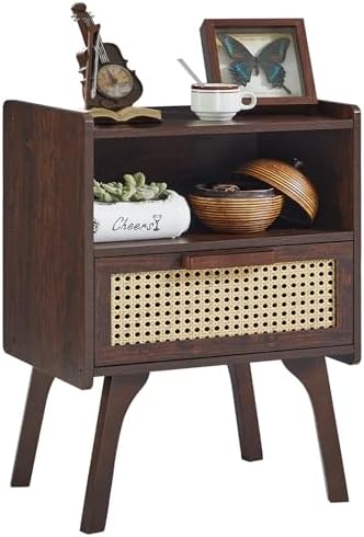 Lerliuo Rattan Nightstand, Bedside Table with Drawer Open Shelf
