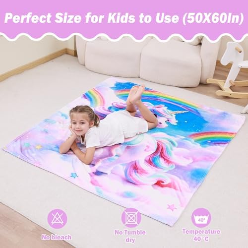 Softan Kids Throw Blanket for Girls & Boys, Warm Soft Toddler Fleece Blankets for Sofa Couch Bed， Cozy Fuzzy Plush Flannel Kids Throw Blanket for Daycare & School - 50x60In Rainbow Unicorn