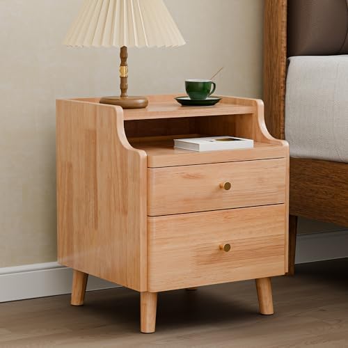 Nightstand Set of 2, Pre-Assembled, 19.7“H Solid Wood Night Stand with 2 Drawers, Open Sliding Shelf, Mid Century Modern Small Bedside Table for Bedroom, Natural Oak 16"