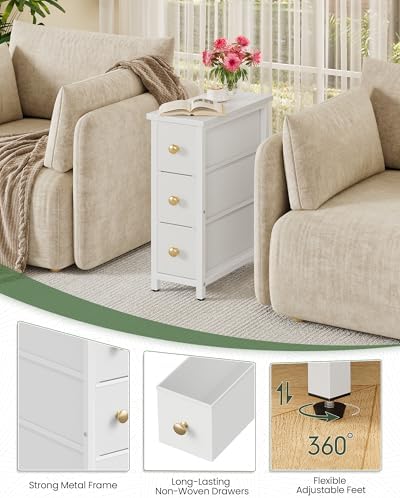 CHOEZON Narrow Side Table with 3 Fabric Drawers, Industrial Slim Bedside Table for Small Spaces, Bedroom, Living Room, Dormitory, White TBZ09WB