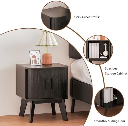 Nightstand with Sliding Roller Shutter Doors&Solid Wood Legs,Black